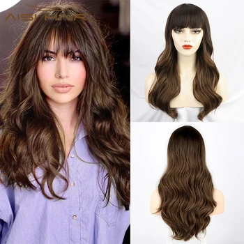 Синтетические длинные волнистые парики AISI HAIR, темно-коричневые парики с челкой на каждый день, натуральный термостойкий парик для женщин, накладные волосы для вечеринки