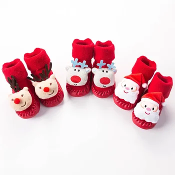 Осенне-зимние шерстяные утепленные детские носки, Рождественская детская обувь для малышей, нескользящие детские носки на мягкой подошве