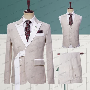 2023 Мужские облегающие летние деловые льняные костюмы в британском стиле, свадебное платье цвета хаки, комплект из 3 предметов (куртка + жилет + брюки)