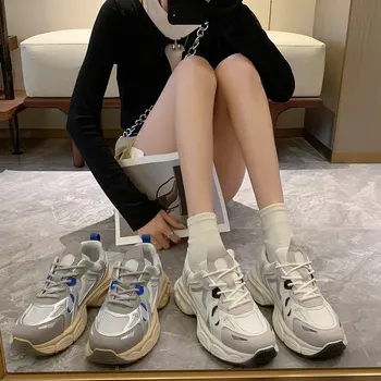 Новая бежевая женская обувь на массивном каблуке, легкие кроссовки для девочек, дышащая вулканизированная обувь для папы, стильная обувь