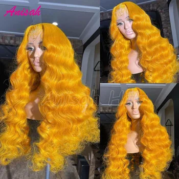 Желтый парик с кружевом спереди, человеческие волосы 13x4 13x6, Прозрачные парики с кружевом спереди, Объемная волна, Бесклеевые парики из человеческих волос для женщин