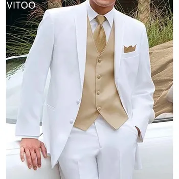 Белый смокинг жениха, свадебный костюм бойфренда на заказ, мужской костюм из 3 предметов, куртка, золотой жилет с брюками, модная одежда для официальных случаев.