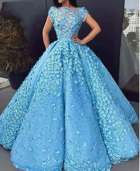 Великолепные Небесно-голубые платья с 3D цветами и роскошным жемчугом, длинные платья для выпускного вечера, Саудовское Арабское вечернее платье на День рождения, Короткие рукава, Vestidos Longo