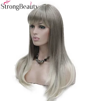 StrongBeauty Длинные прямые парики Женский синтетический парик светло-коричневого цвета с белыми кончиками, точечная кожа, верхние волосы