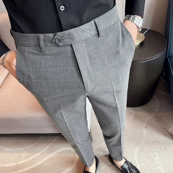 Мужские модные повседневные брюки для костюма в сетку 2023, деловые узкие брюки-карандаш, Брюки средней талии для мужчин, Высококачественные брюки