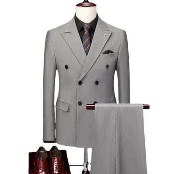 Куртка + брюки, комплект из 2 предметов, Двубортное модное мужское повседневное Бутик-деловое платье, Свадебный костюм жениха, пальто, Блейзеры, Брюки
