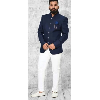 Мужские костюмы в африканском стиле, темно-синий пиджак, белые брюки, приталенный однобортный пиджак-стойка, великолепный блейзер, сшитый на заказ, полный Комплект2024