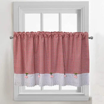 Короткая занавеска в стиле бистро в винтажную красную клетку с вышивкой, непрозрачная романтическая короткая занавеска с вишневой подвеской