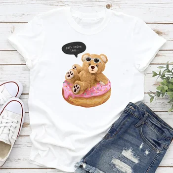 Модный милый топ с принтом 90-х, новая универсальная футболка с рисунком медвежонка, женская модная одежда, футболка для путешествий с коротким рукавом.