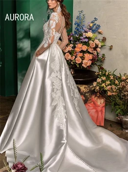Кружевные Свадебные платья трапециевидной формы 2024, Атласное платье Невесты, Простые Платья В пол С длинным рукавом, Vestidos De Novia robe de soirée