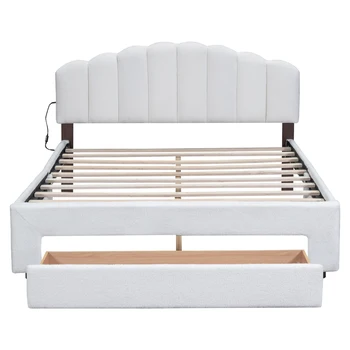 Мягкая кровать-платформа с выдвижным ящиком из плюшевого флиса размера Queen Size, белая