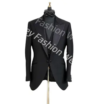 Черный 3шт Полный мужской костюм Элегантный комплект Роскошной дизайнерской одежды Boyfriend Slim Fit Мужской блейзер для свадебной церемонии, брюки, наряд