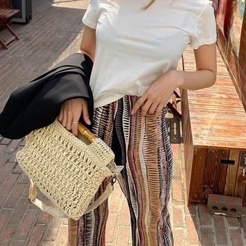 модные соломенные сумки с бамбуковой ручкой, дизайнерские женские сумки, роскошные плетеные сумки через плечо, летние пляжные кошельки из ротанга, большая сумка
