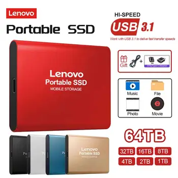 Lenovo 16TB Портативный Внешний SSD Жесткий Диск 64TB Внешний Твердотельный Накопитель 8TB 4TB 2TB 1TB Мобильный Жесткий Диск Для Ноутбука ps4 ps5