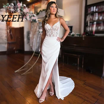 YEEH Illusion Свадебное платье на шнуровке сзади, изысканные кружевные аппликации, свадебное платье со шлейфом 