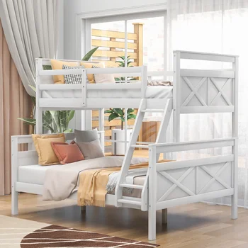 Двуспальная двухъярусная кровать с лесенкой, защитным ограждением, идеально подходит для спальни, белая