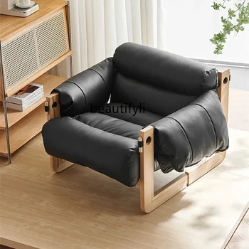 Скандинавский диван-кресло для одного человека, ретро-дизайн из массива дерева, кресло для домашнего отдыха Zexi Island из натуральной кожи