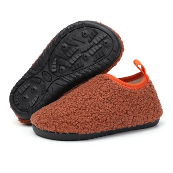 Детские хлопчатобумажные тапочки, однотонная теплая детская зимняя домашняя обувь Для мальчиков и девочек, плюшевая обувь для пола, домашняя хлопчатобумажная обувь с мягкой подошвой, противоскользящая
