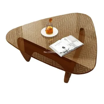 Журнальный столик из закаленного стекла в маленькой квартире, гостиная, современный минималистичный прозрачный круглый чайный столик из массива дерева