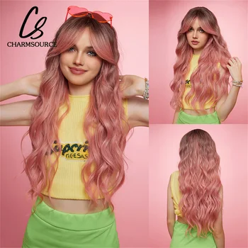 Pink CharmSource Длинные волнистые синтетические парики Омбре Коричневый кудрявый парик с челкой для вечеринок и повседневного использования для женщин термостойкие