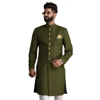 Длинный блейзер в индийском стиле с воротником-стойкой, мужские костюмы, зеленый, приталенный, 2 предмета, Классическая одежда для свадьбы, выпускного вечера, жениха, официальная одежда/Праздничное платье
