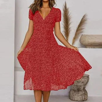 2024 NewSpring/лето 2023, трансграничное женское платье eaby Amazon с короткими рукавами и V-образным вырезом, сексуальное платье в горошек с цветочным принтом, серое22