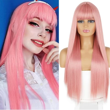 Длинный Прямой парик с челкой по линии роста волос Парик для белых женщин 26-дюймовые Розовые синтетические термостойкие парики для косплея на ежедневной вечеринке