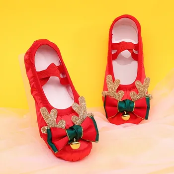 Новые танцевальные туфли для рождественских танцев для девочек, красные балетные туфли на мягкой подошве для детских сценических выступлений