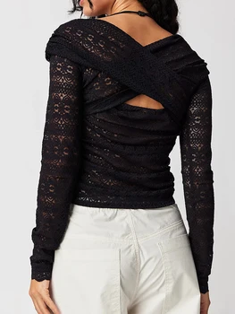 Женские прозрачные кружевные топы, футболка в стиле Фея Гранж с длинным рукавом, модная облегающая однотонная футболка, уличная одежда