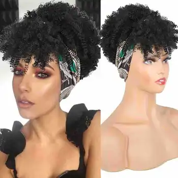 Повязка на голову Синтетический парик Короткие афро-кудрявые парики с вьющимися волосами для чернокожих женщин, пушистые локоны, лента для волос, африканский тюрбан для волос