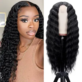 32-дюймовый синтетический парик с удлиненной водной волной на кружеве 4 * 4 черных парика с влажной и глубокой волной для чернокожих женщин, ежедневно носящих искусственные волосы