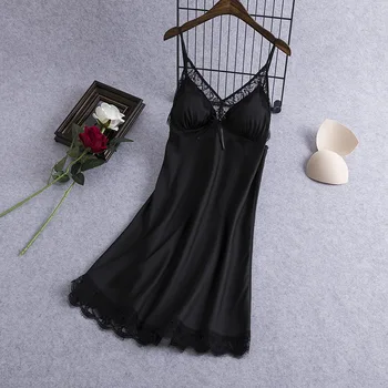 Сексуальная кружевная ночная рубашка Черная женская пижама Ночная рубашка на бретельках Ночнушка Летняя атласная ночная рубашка Домашнее платье одежда для отдыха